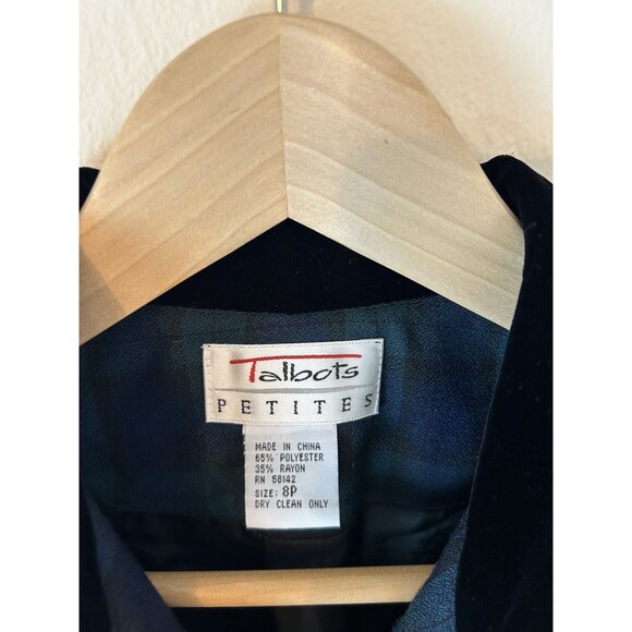 Talbots 8 Petite Plaid Blazer Jacket Velvet Collar Trim Button Cropped Vintage - Picture 2 of 3